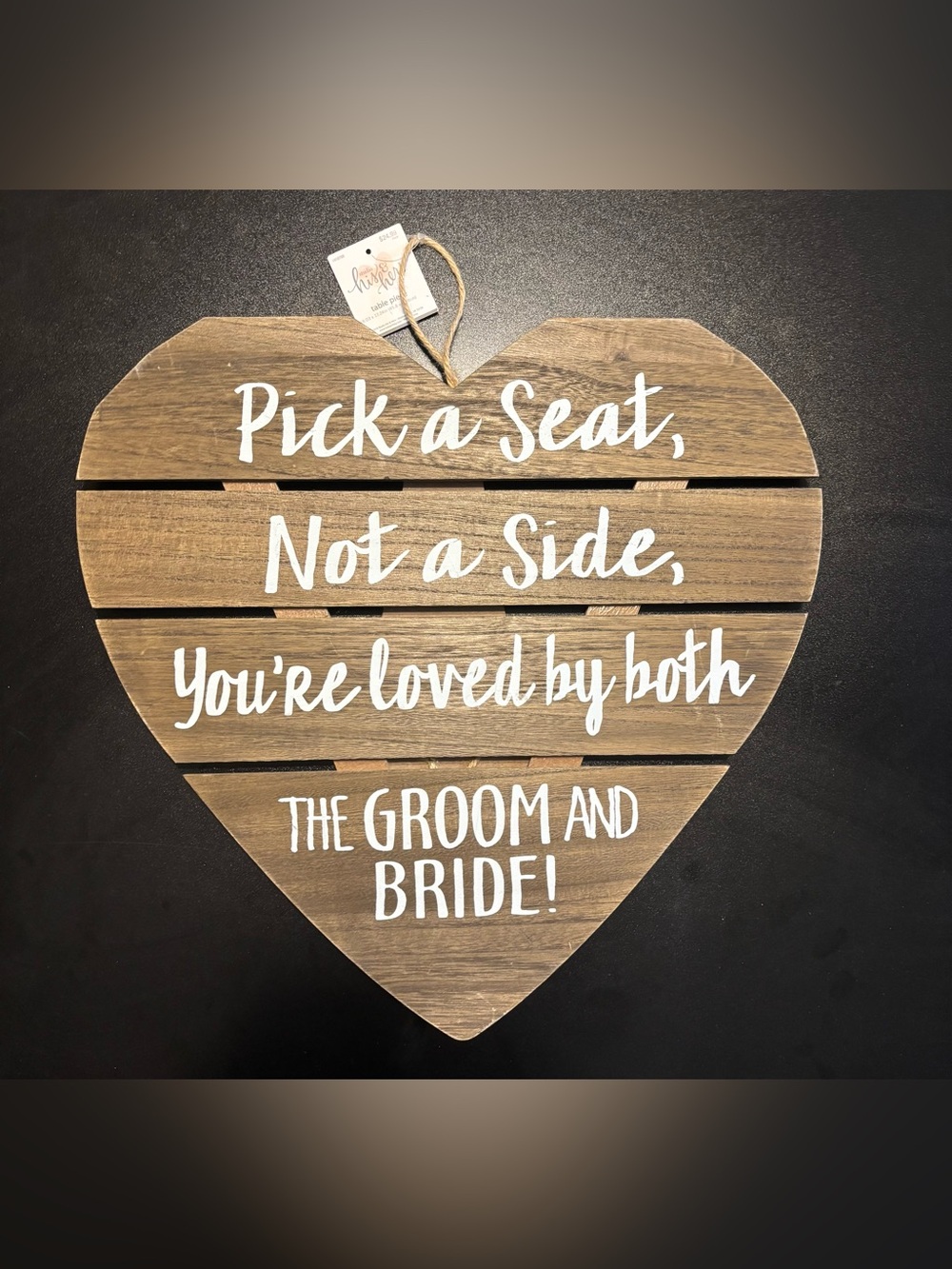 Wooden Heart Wedding Sign - Pick a Seat (Brown with White Lettering)